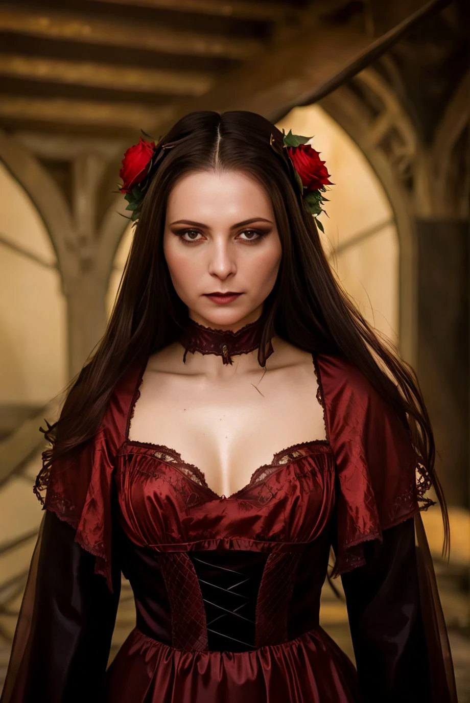 A stunning intricate full color portrait of a 28 year old woman, gothic vampire costume, Dracula movie set, epic character composition,by ilya kuvshinov, alessio albi, nina masic,sharp focus, subsurface scattering, f2, 35mm, film grain <lora:jessifio:1>