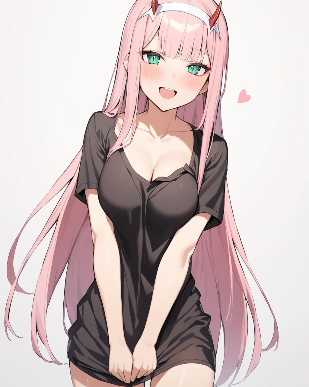 masterpiece, best qualityï¼ <lora:zerotwo:1>,1girl, solo, long_hair, zero_two_\(darling_in_the_franxx\), pink_hair, shirt, open_mouth, white_background, horns, heart, hairband, simple_background, white_hairband, looking_at_viewer, short_sleeves, standing, smile, shirt_tug, bangs, blush, very_long_hair, cowboy_shot, collarbone, shiny, :d, shiny_hair, black_shirt, breasts, blunt_bangs, straight_hair, naked_shirt, green_eyes, teeth