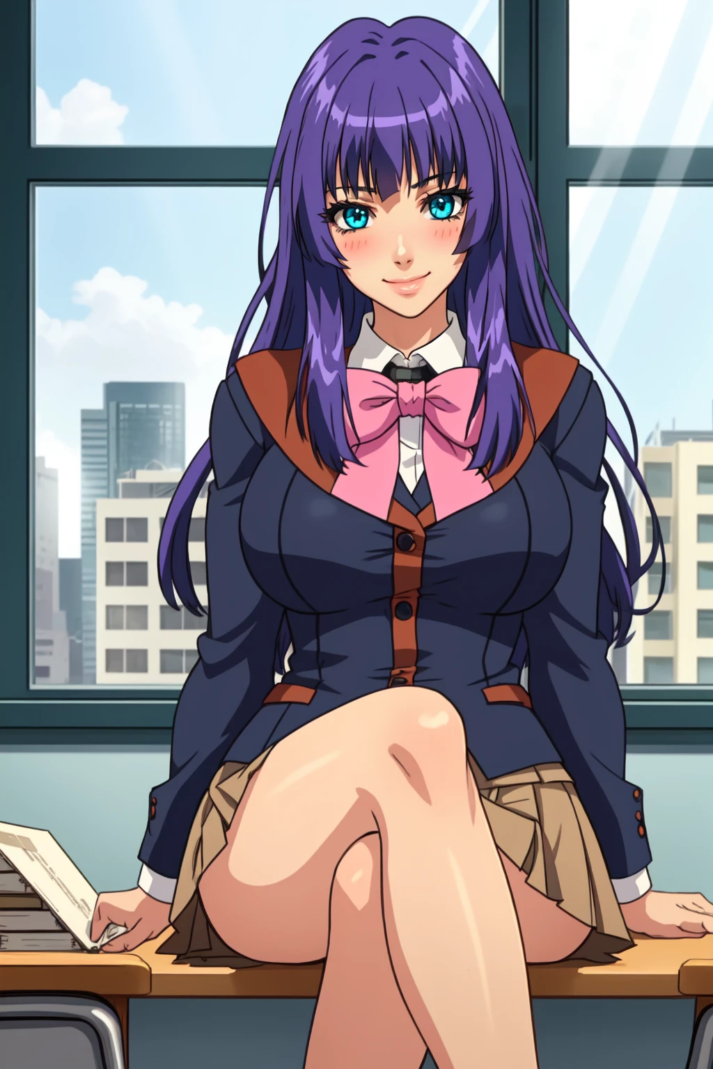 (high quality:1.2), detailed, shadows, cinematic lighting, digital art, anime coloring,
(Shion:1.1), 1girl, solo, (sitting on table, crossed legs:1.1), full body,
looking at viewer, determined, smile, blush,
purple hair, blue hair, long hair, blue eyes,
school uniform, shirt, blazer, pink bowtie, miniskirt,
large breasts, curvy,
indoors, school, window, day, sunlight, classroom,
<lora:Shion:0.9>