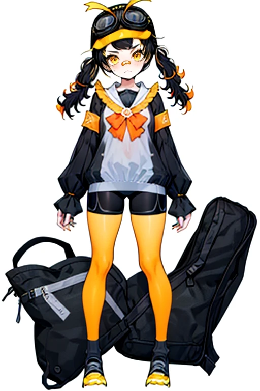 best quality, (masterpiece),(ultra-detailed), (high quality), (high resolution), <lora:PeikoVT:0.7> ,PeikoVT, long hair, blonde hair, , black hair, long sleeves, hat, white background, bow, twintails, full body, yellow eyes, pantyhose, multicolored hair, shoes, virtual youtuber, nail polish, black footwear, orange hair, sleeves past wrists, transparent background, black shorts, goggles, bike shorts, black nails, goggles on head, bandaid on face, goggles on headwear