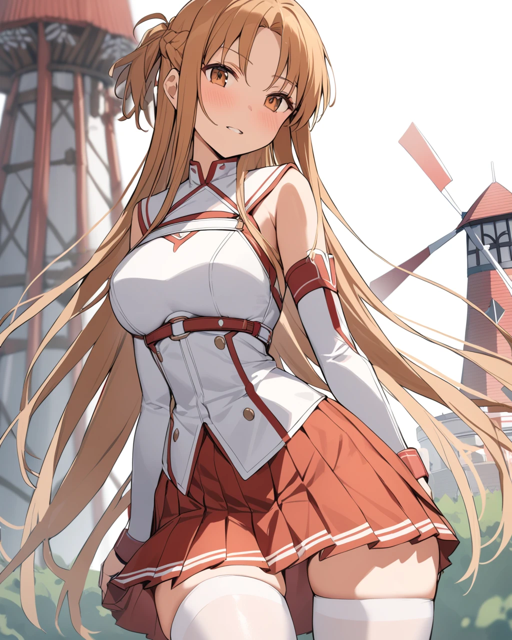 masterpiece, best qualityï¼ <lora:asuna:1>ï¼asuna_\(sao\), long_hair, skirt, red_skirt, detached_sleeves, windmill, white_thighhighs, brown_hair, brown_eyes, breastplate, solo, pleated_skirt, miniskirt,white_belt