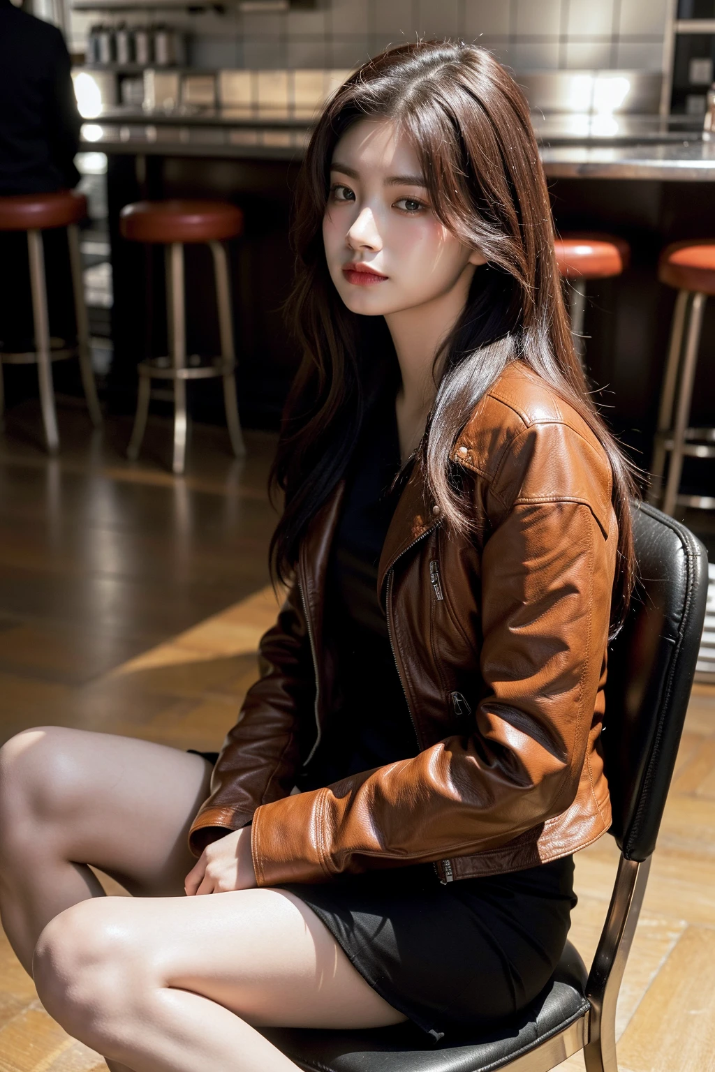 Best quality, masterpiece, ultra high res, (photorealistic:1.4), raw photo, 1girl, inside cafe, closeup, looking at viewer, long hair, sitting down,leather jacket,<lora:makina69_yiren_v1.0:1>