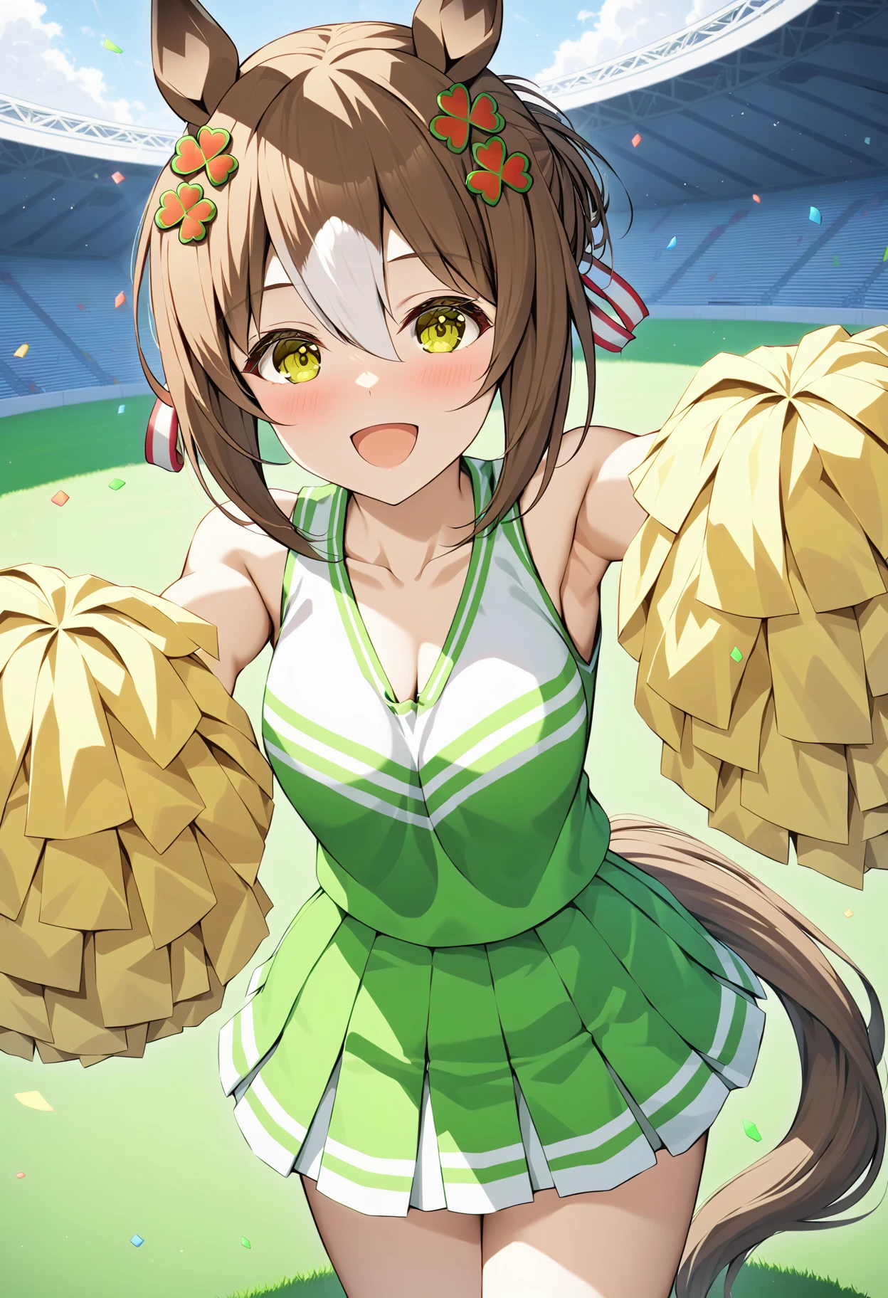1girl, fine motion \(umamusume\), umamusume, (himeyamato), cheerleader, pleated skirt, pom pom \(cheerleading\), :d, cowboy shot, collarbone, blue sky, white cloud, (confetti), green and white clothing, green skirt, red and white ribbon, from above, sleeveless, standing on one leg, armpits, (finely detailed clover hair ornament), stadium, breasts, hdr, studio lighting, masterpiece, best quality, detailed scenery, horse tail, downblouse <lora:akogare_cheer_girl_animaginexl_1-05:1>