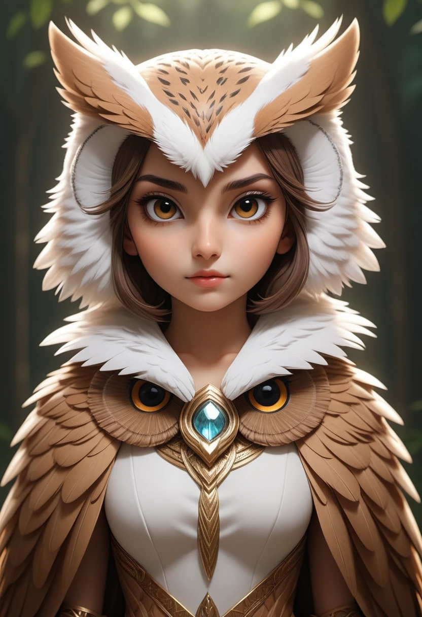 (anime:2.5) of (1girl dressed as an owl:1.4), symmetrical, highly detailed, 8k, illustration, concept art, sharp focus, volumetric lighting, epic Composition, artstation