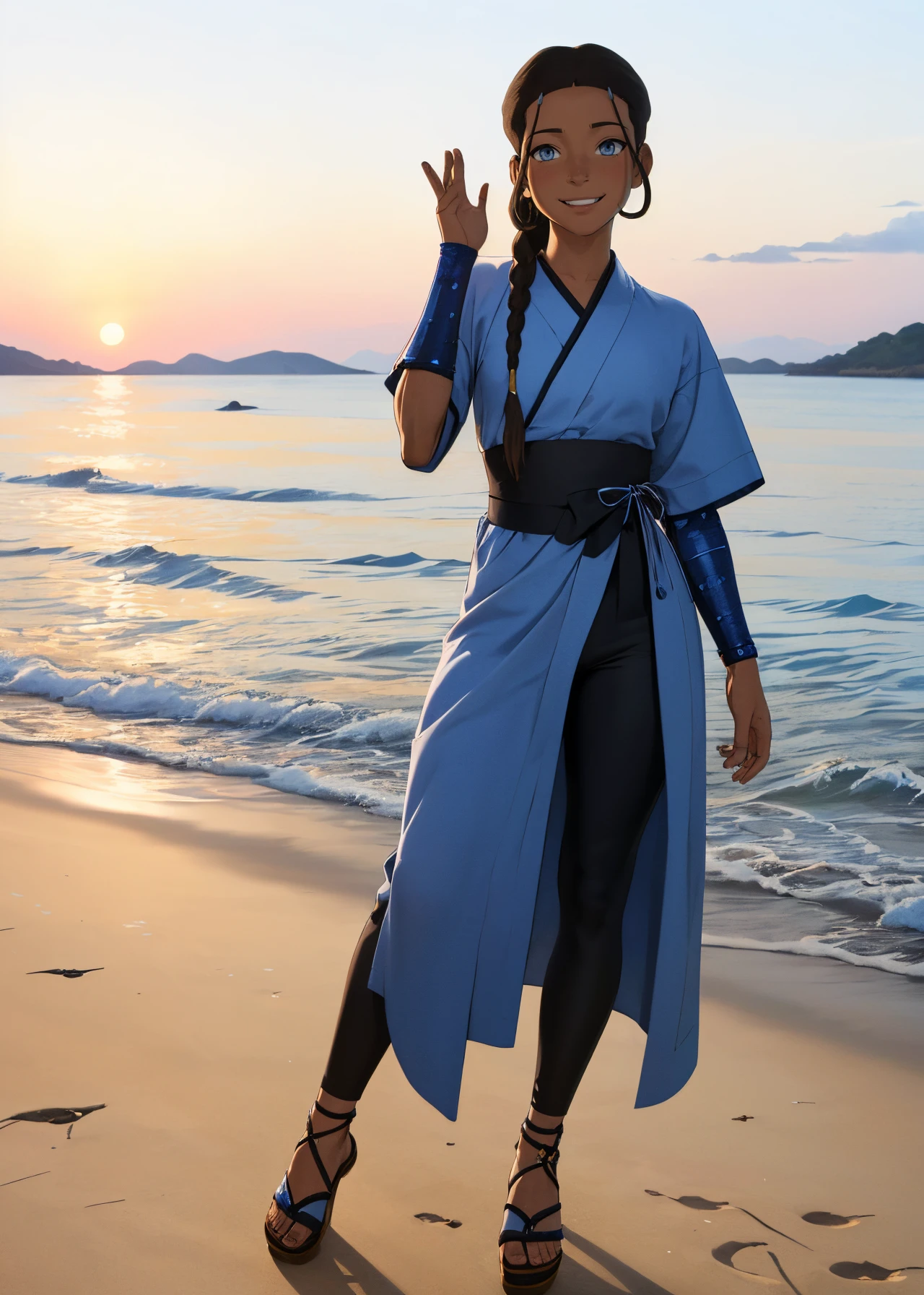 (full_body shot, masterpiece, best_quality, ultra-detailed, immaculate:1.3),
<lora:k3t3r3:0.8> k3t3r3, dark-skinned female, solo, single_braid, low ponytail, brown hair, female focus, smile, blue robe, white trim, black pants, bracers, sandals, looking at viewer,
<lora:detail_slider_v4:0.5>
beach, sea,