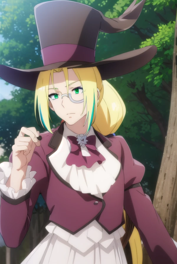 fruitofevolutionvitor, <lora:fruitofevolution vitor s2-lora-nochekaiser:1>,
vitor, long hair, blonde hair, (green eyes:1.3), ponytail, male focus, multicolored hair, glasses, makeup,
BREAK hat, pants, ascot, top hat, monocle,
BREAK outdoors, nature, forest, grass,
BREAK looking at viewer,
BREAK <lyco:GoodHands-beta2:1>, (masterpiece:1.2), best quality, high resolution, unity 8k wallpaper, (illustration:0.8), (beautiful detailed eyes:1.6), extremely detailed face, perfect lighting, extremely detailed CG, (perfect hands, perfect anatomy),