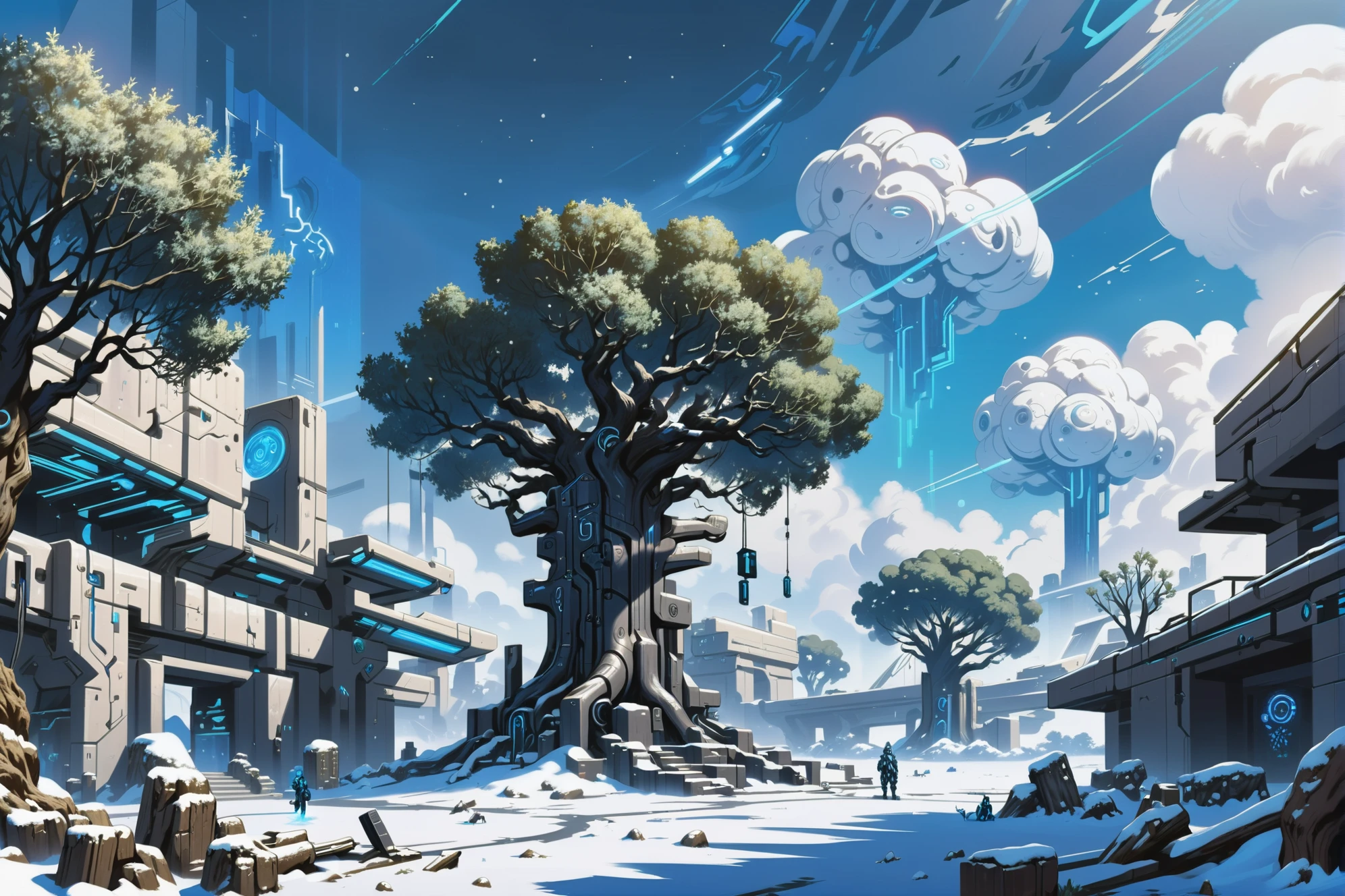 digital painting, cyberpunk, noon, blue sky, clouds, architecture, wistful Christmas Ancient olive tree grove in a Carbon Dioxide Snowfields<lora:EnvyBetterHiresFixXL01:0:hr=1><lora:EnvyIndustrialScifiXL01:0.9>