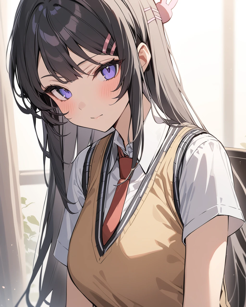 masterpiece, best qualityï¼ <lora:mayi:1>ï¼1girl, solo, long_hair, necktie, hair_ornament, red_necktie, looking_at_viewer, hairclip, shirt, black_hair, upper_body, school_uniform, white_shirt, short_sleeves, sweater_vest, rabbit_hair_ornament, purple_eyes, collared_shirt, blue_eyes, closed_mouth, bangs