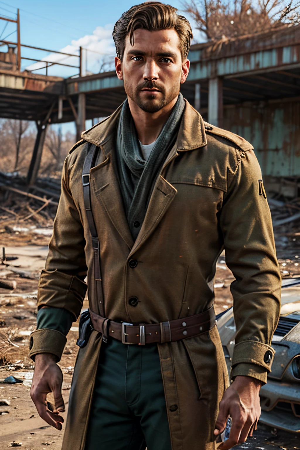 Robert MacCready,  blue eyes,  light brown hair,  facial hair,  tan duster coat,  ammo pouches,  long-sleeved,  white undershirt,  military green scarf,  military green pants,  fit body,  handsome,  charming,  alluring,  dashing,  intense gaze,  (standing),  (upper body in frame),  ruined overhead interstate,  Fallout 4 location,  post-apocalyptic ruins,  desolated landscape,  dark blue sky,  polarising filter,  perfect light,  only1 image,  perfect anatomy,  perfect proportions,  perfect perspective,  8k,  HQ,  (best quality:1.5,  hyperrealistic:1.5,  photorealistic:1.4,  madly detailed CG unity 8k wallpaper:1.5,  masterpiece:1.3,  madly detailed photo:1.2),  (hyper-realistic lifelike texture:1.4,  realistic eyes:1.2),  picture-perfect face,  perfect eye pupil,  detailed eyes,  realistic,  HD,  UHD,  (front view:1.2),  portrait,  looking outside frame,<lora:EMS-263369-EMS:0.500000>,<lora:EMS-498-EMS:0.200000>