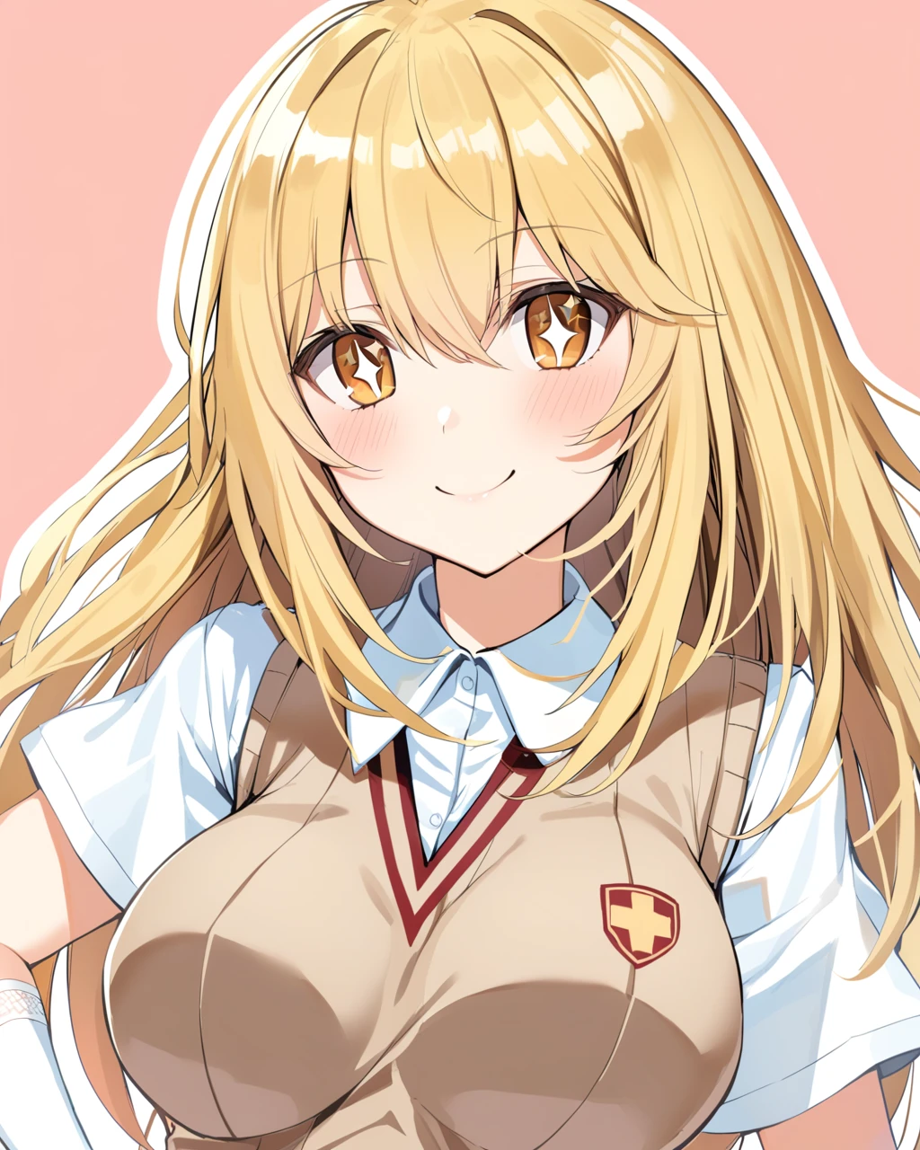 <lora:feng:1>1girl, +_+, sweater_vest, tokiwadai_school_uniform, solo, smile, looking_at_viewer, white_gloves, upper_body, simple_background, short_sleeves, white_background, elbow_gloves, blush, medium_breasts