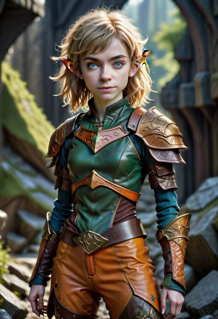 photo of pale (Age 19) female (halfling:1.75), flat chested, rectangle body shape, shaggy blonde, middle part, blue eyes, (F41Arm0rXL orange/green druidic leather armor and pants), homely, tiny, petite, thin, toned, lithe, full body, outdoors, HDR