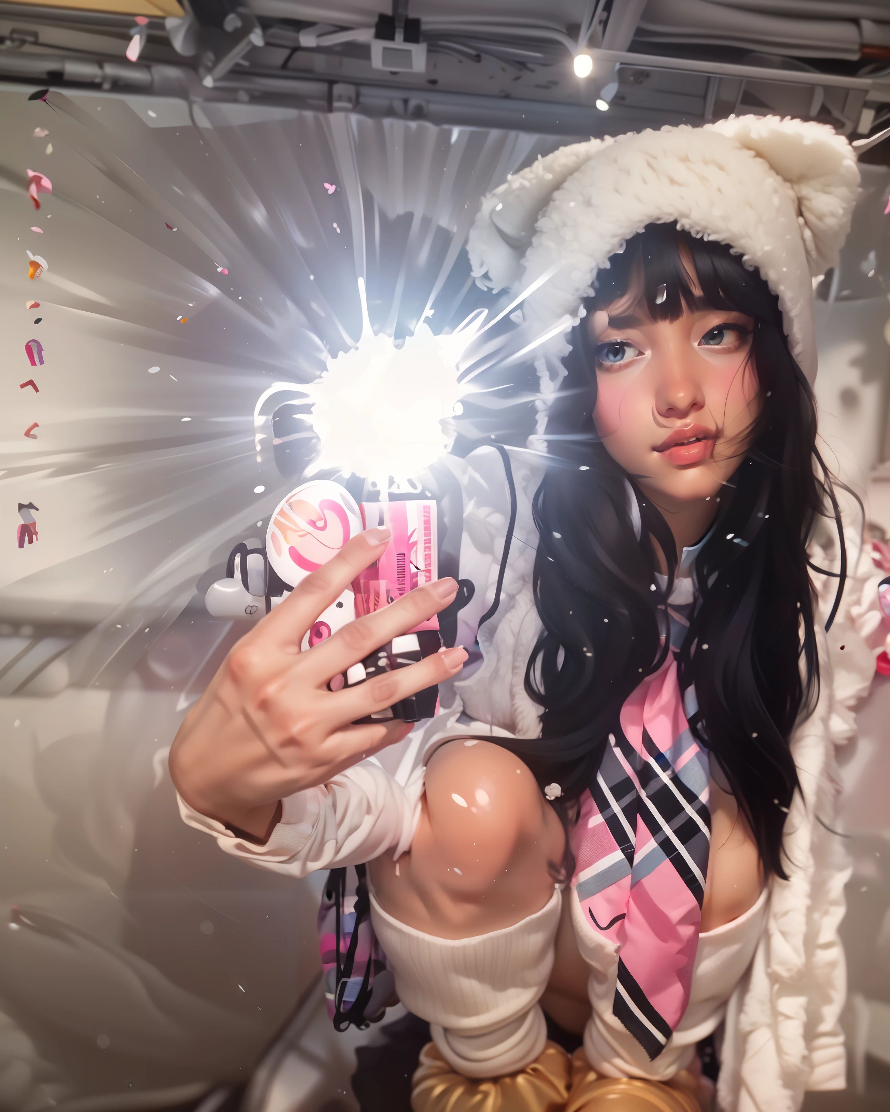 (masterpiece, best quality:1.4), 1girl, long black hair, white wool beanie, umbrella over the shoulder, balloons on the floor, pink and white balloons,