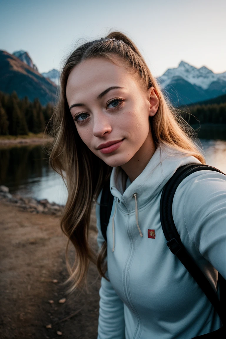 ((selfie)) photo of beautiful (sophd1am0nd-135:0.99), a woman, smiling, outdoors, mountains, wearing a backpack, sweater, and hiking jacket, rocks, river, wood, analog style (look at viewer:1.2) (skin texture), close up, cinematic light, sidelighting, Fujiflim XT3, DSLR, 50mm, epiCPhoto