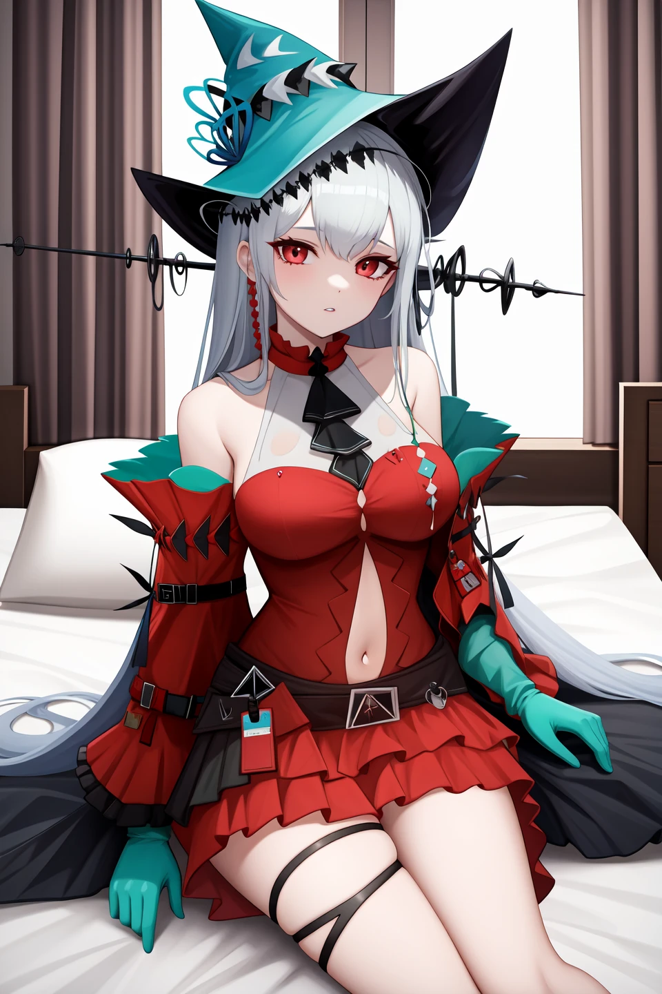 <lora:skadi2-000020:1>,skadi,1girl,skadi the corrupting heart \(arknights\),skadi \(arknights\),solo,official alternate costume,navel,looking at viewer,parted lips,hat,sitting on bed,bedroom,indoors,, 1girl,
,  (masterpiece,best quality:1.2),absurdres