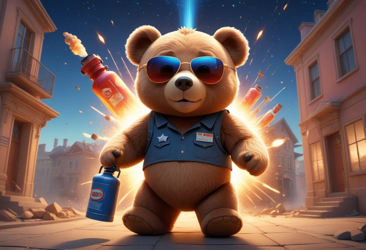 pixar (disney) cartoon ((at night, starry sky))of (a teddy bear wearing (mirrored sunglasses) holding a petrol can, walking away from an explosion, exploding building), symmetrical, chromatic fantasy, highly detailed, 8k, digital painting, oil painting, illustration, concept art, sharp focus, volumetric lighting, epic Composition, cgsociety, artstation