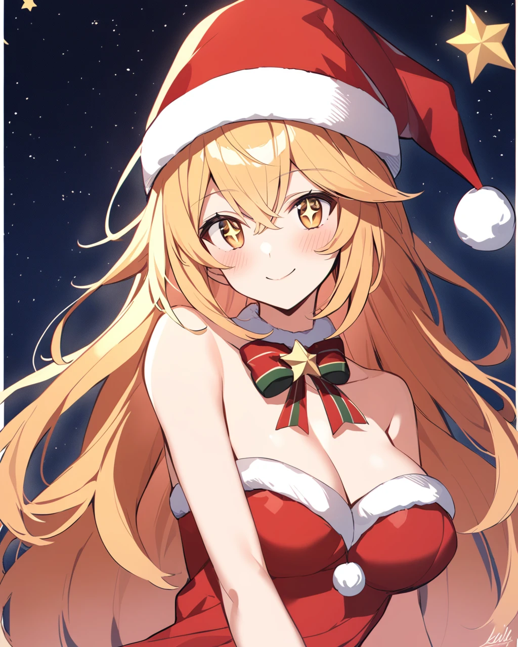 <lora:feng:1>ï¼1girl, solo, santa_hat, cleavage, looking_at_viewer, merry_christmas, smile, signature, fur-trimmed_dress, upper_body, +_+, starry_sky, bare_shoulders, red_dress, night_sky, red_bow, santa_costume, closed_mouth, blush, fur-trimmed_headwear, sparkling_eyes, strapless_dress, hair_between_eyes, red_headwear