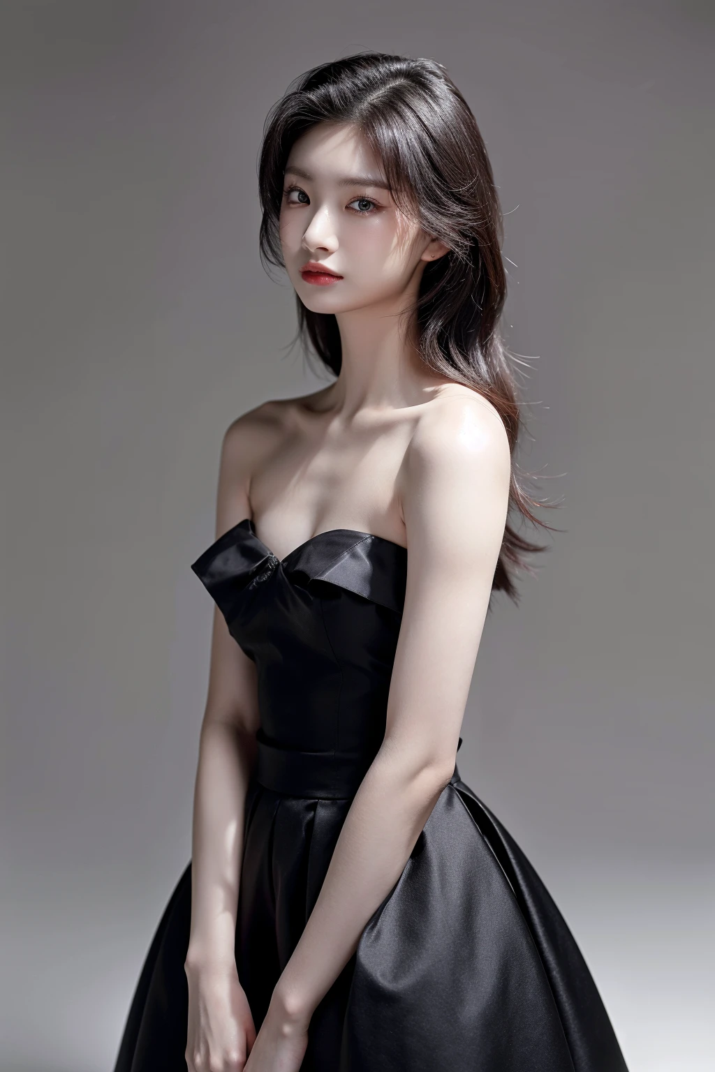 Best quality, masterpiece, ultra high res, (photorealistic:1.4), raw photo,1girl, solo, realistic, looking at viewer, upper body,simple gray background, black dress, bare shoulders, <lora:makina69_yiren_v1.0:1>