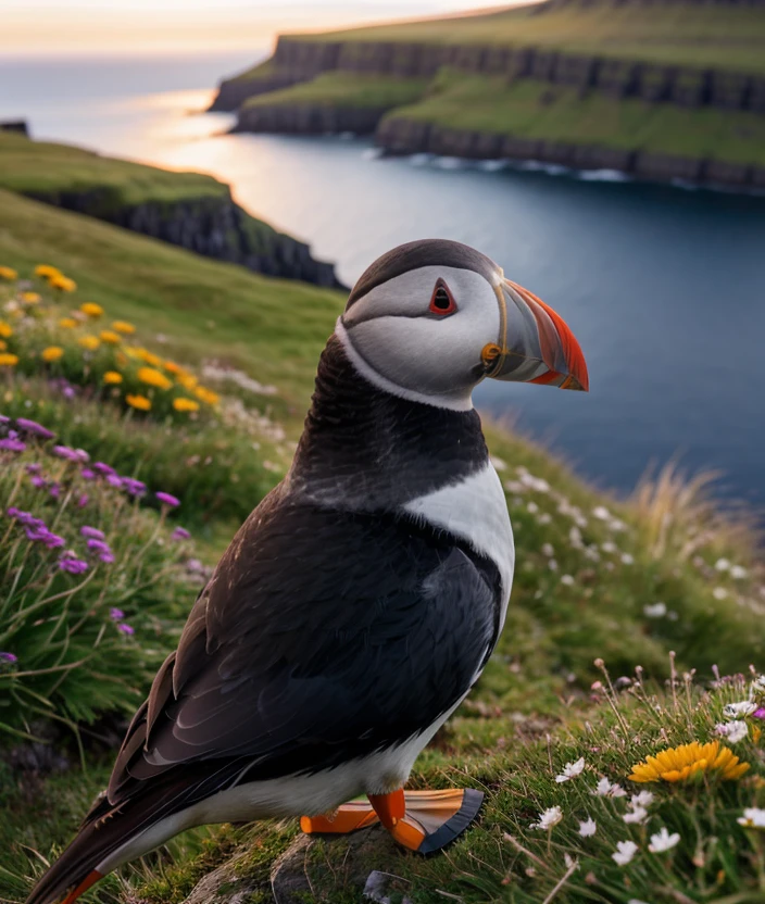 <fa3rua>, Ultra-HD-realistic-details, upper body, Spectacular light, Sunset, Faroe Islands, Grass, flowers, Cliff, close portrait photo