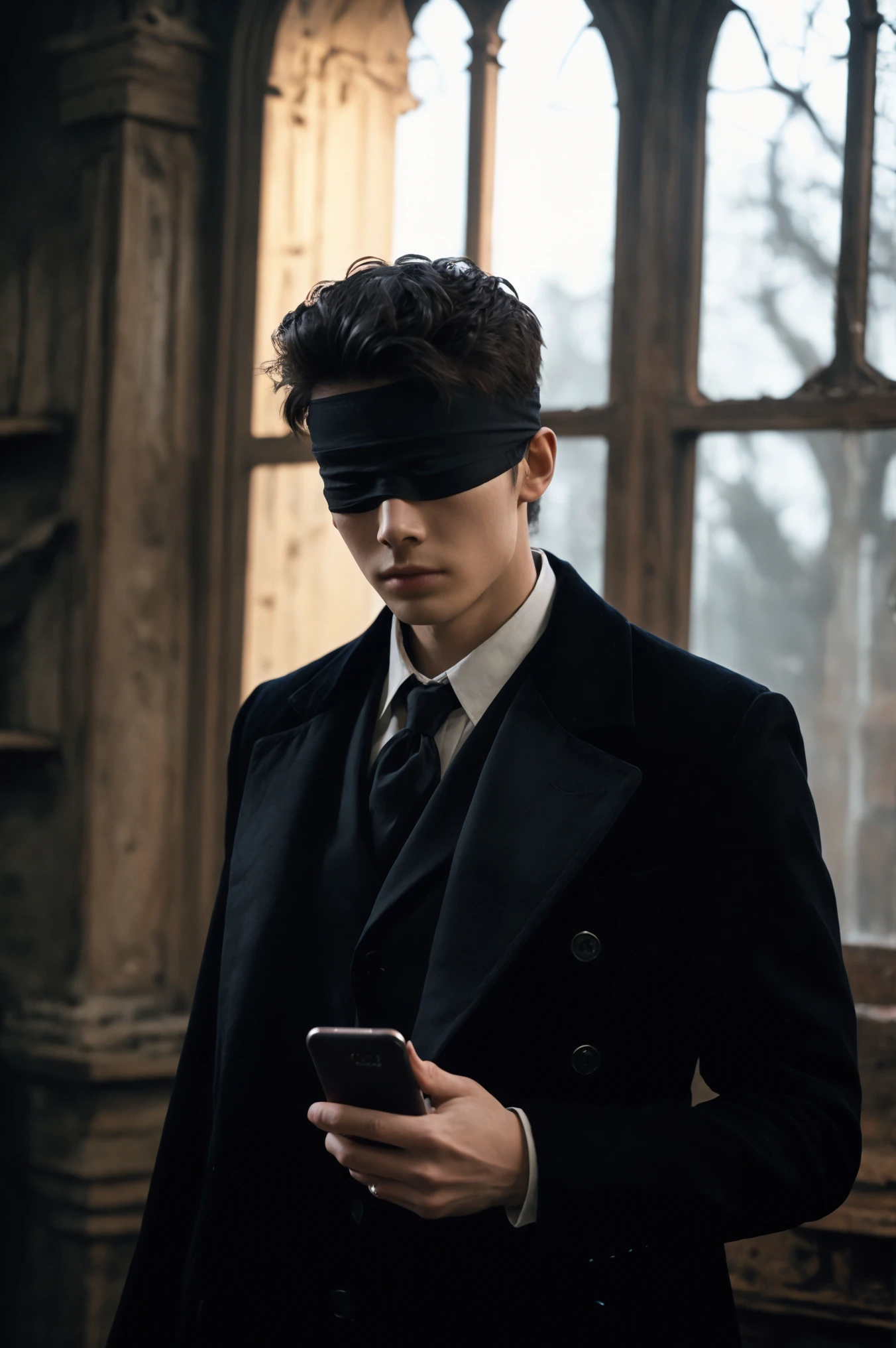 blindfold, blindfolded, 1boy,solo, In_front_of_the_window, the_best_light, upper_body, handsome_male, black coat, white_shirt,black hair,short hair, holding_a_mobile phone, scar