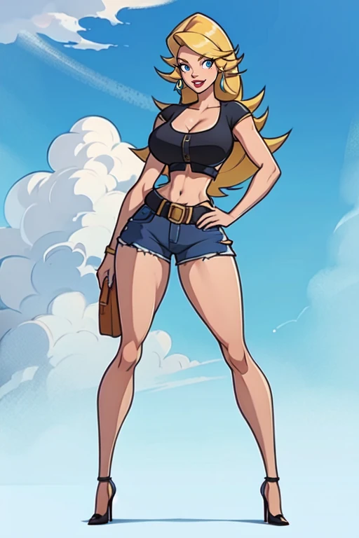 masterpiece,best quality,extreme detail,8k,<lora:Marci:0.6>,milf,curvy, marci, 1girl, solo, long hair, smile, blue eyes, blonde hair, shorts, midriff, belt, high heels, crop top, hand on hip, makeup,