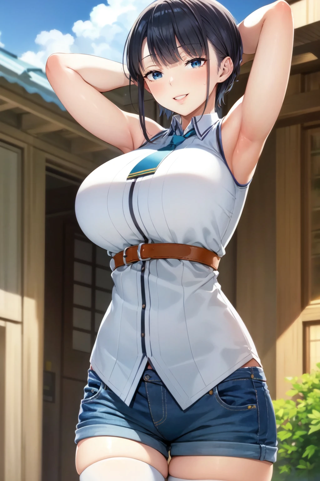 masterpiece, best quality, ultra-detailed, illustration,masterpiece, Best quality, high resolution, high resolution, 1girl, carly nagisa,smiling , embarrassed ,hands on hips, long black hair, brown sleeveless jacket, open jacket, (striped shirt), jeans, wristband,large breasts,beautiful detailed eyes, looking at viewer in a seductive look, close up, ((wide thighs:1.2)),(breast focus), (arms behind back:1.2), (from above:1.1),  small sized breasts, ,(breasts out:1.3), attempt to seduce, wet clothes, nipples, embarrassed 