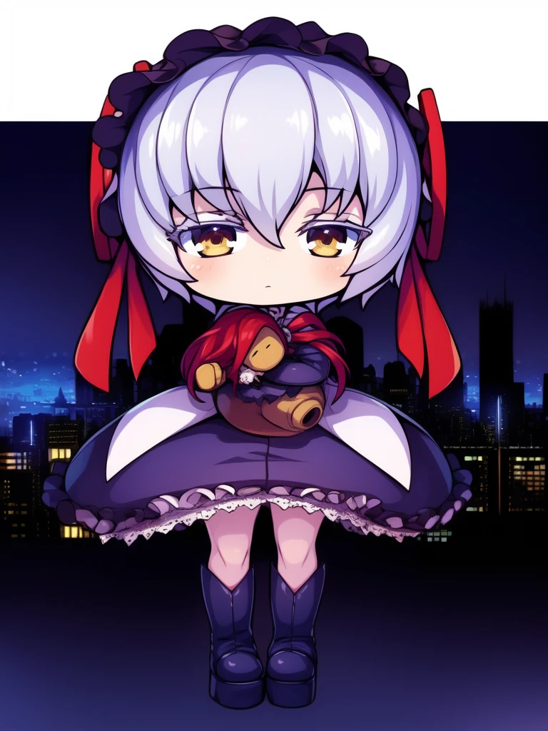 <lora:Lieselotte_Achenbach:1>,Lieselotte, 1girl, solo, boots, dress, doll,  gothic fashion, yellow eyes, hairband, chibi, stuffed toy, night, city,
masterpiece, high quality, very_high_resolution, large_filesize, full color,