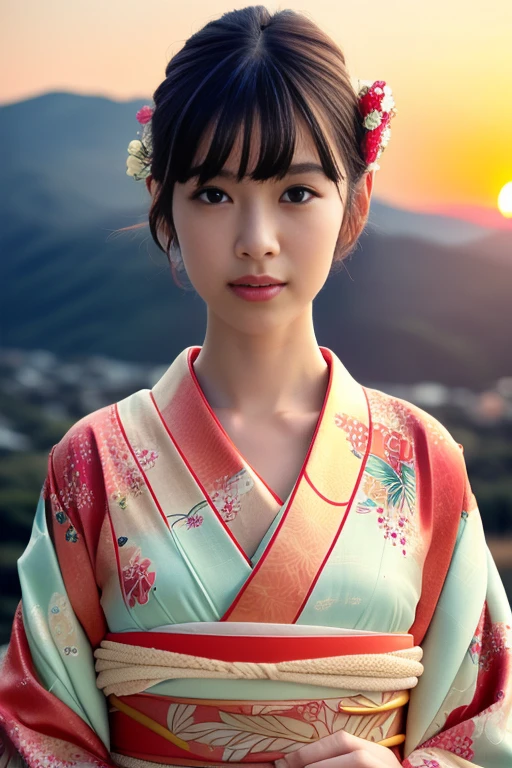 1girl,(wearing a gorgeous floral pattern kimono:1.2),(RAW photo, best quality), (realistic, photo-realistic:1.4), masterpiece, an extremely delicate and beautiful, extremely detailed, 2k wallpaper, Amazing, finely detail, extremely detailed CG unity 8k wallpaper, ultra-detailed, highres, soft light, beautiful detailed girl, extremely detailed eyes and face, beautiful detailed nose, beautiful detailed eyes,cinematic lighting,(on a mountain top,sunrise,new year sunrise),perfect anatomy,slender body,
<lora:shiraishisei_lora:0.8>(medium hair)