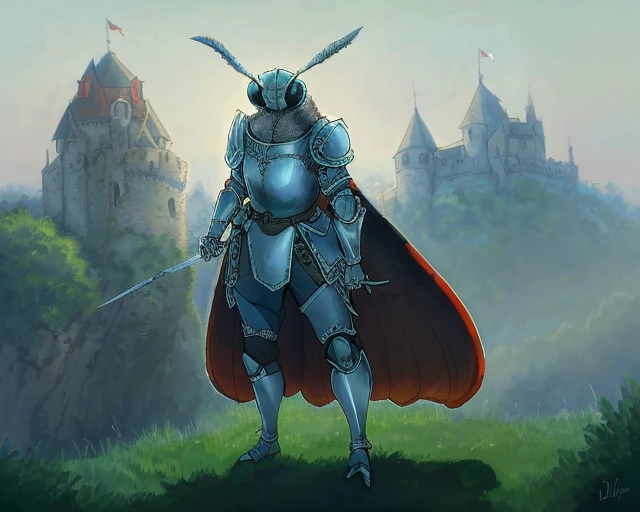 A painting of an anthropomorphic moth woman wearing armor, castle in background, battle, realistic, sword, rslp style, intricate detail, dynamic pose