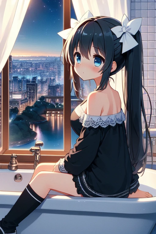 (((masterpiece))),  (((best quality))),  ((bathroom window)),  (((from side))),  ((looking outside)),  sitting on bathtub filled with water,  black gothic outfit,  curtain,  white tile wall,  black twintail,  off shoulder,  big tits,  happy,  open mouth,  shy,  blush,  bare thighs,  taipei city night view,  river,<lora:EMS-263612-EMS:1.000000>