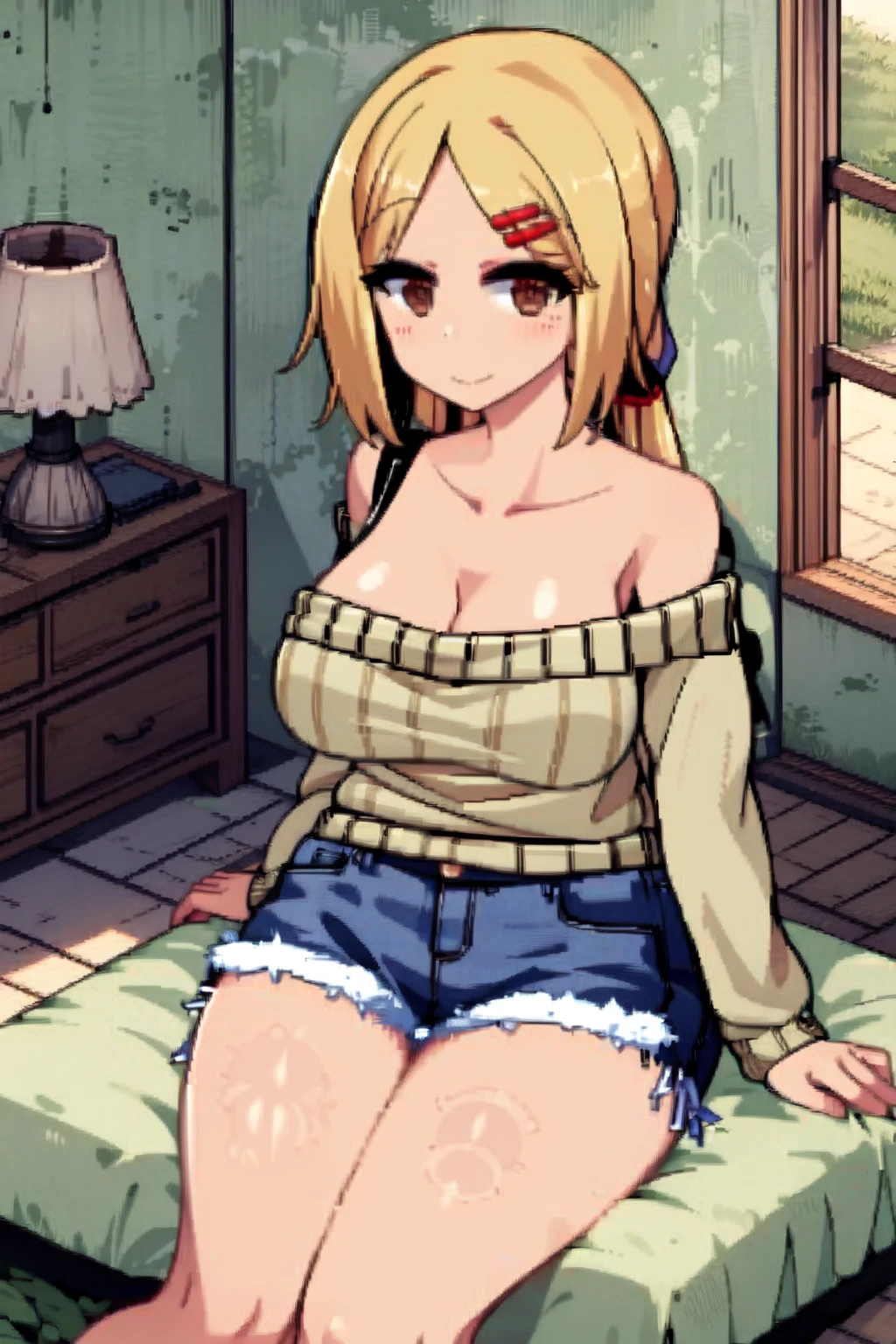 Rio, 1girl, blonde hair, medium hair, hairclip, brown eyes, sitting on sofa, off shoulder, collarbone, smile, indoors, large breasts, denim shorts, <lora:Rio-12:1>, brown sweater