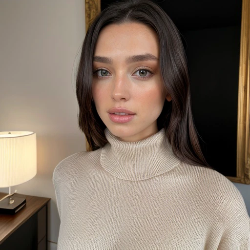 <lora:dariazaritskaya_sd15_512_128_64_v1:1> 1girl solo looking at viewer wearing a turtleneck sweater epiCRealism