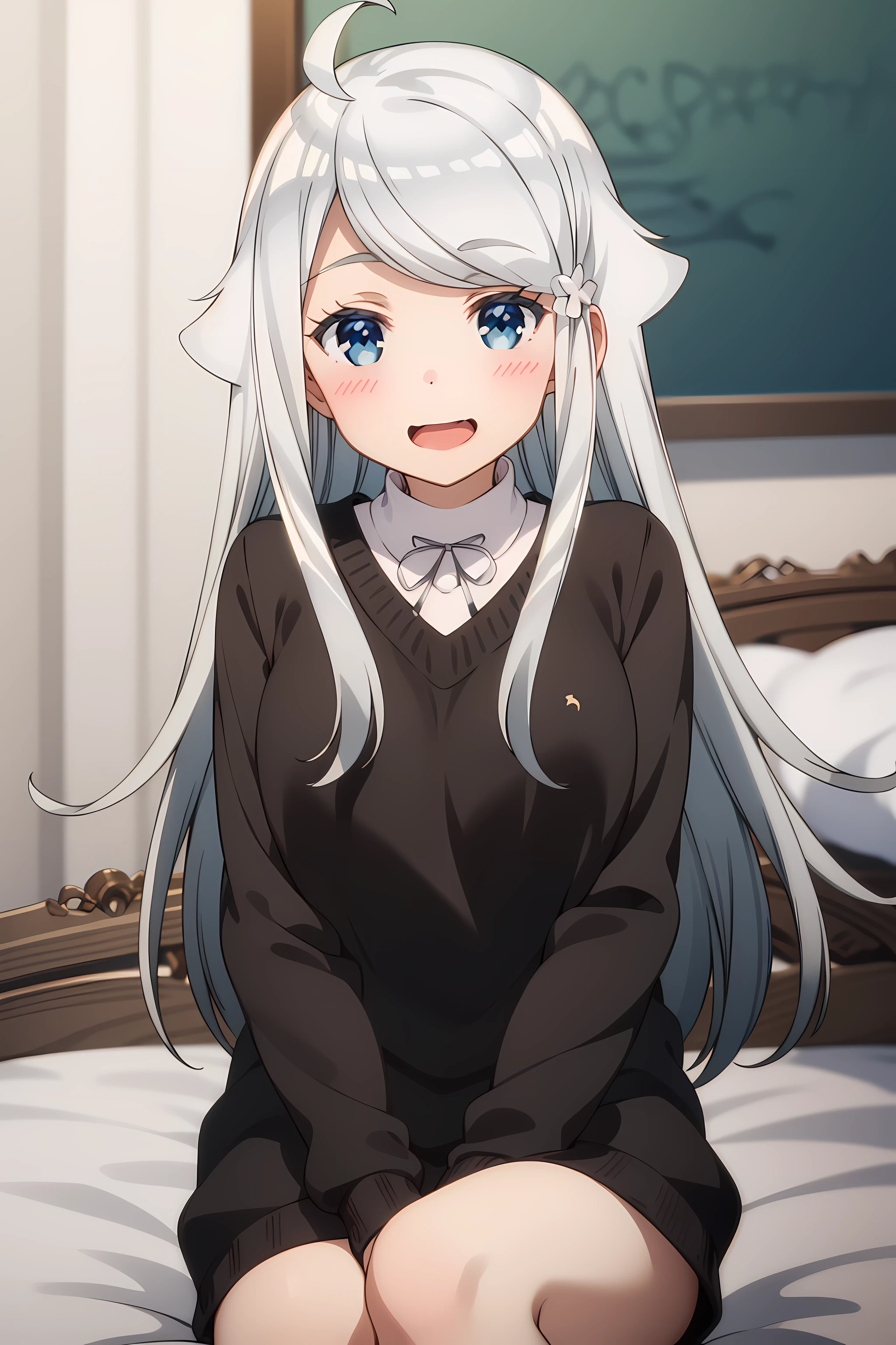 best quality, masterpiece, detailed,
<lora:ImoutoSaeIrebaIi_KaniNayuta:0.8>, KaniNayuta,
solo, open mouth, smile, blush,
grey hair, blue eyes, long hair, blue scunchie, hair flaps, ahoge,
NayuSweater, black sweater, white shirt, collared shirt, ribbon,
sitting, looking at viewer, crossed legs,
indoors, on bed