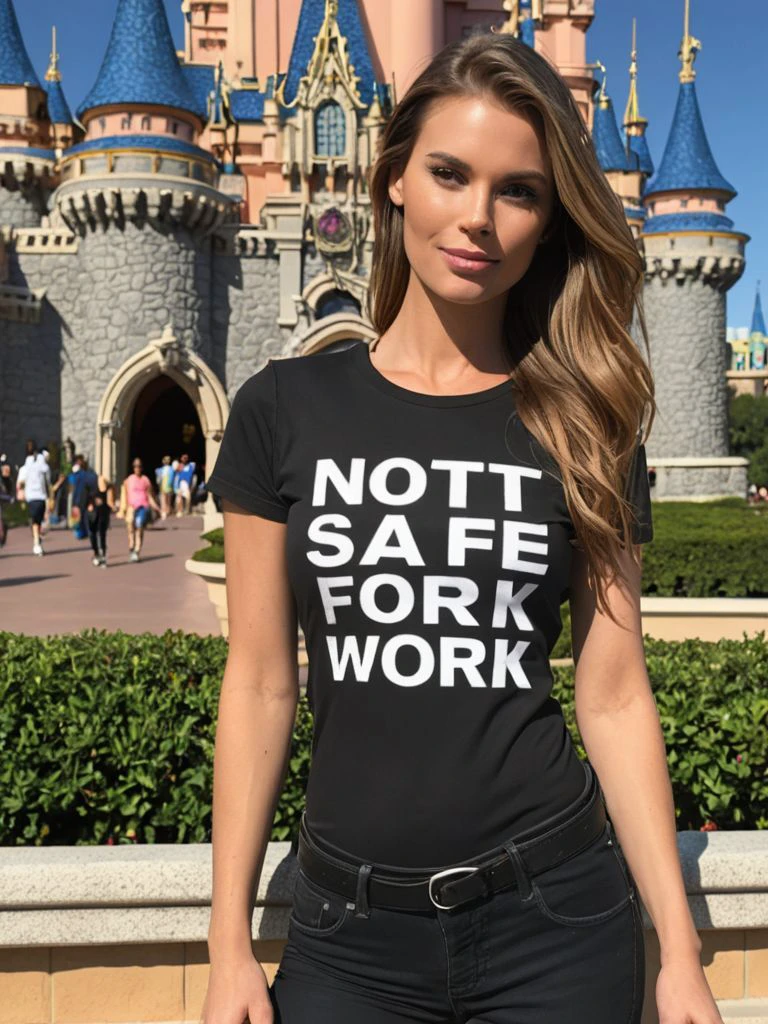 awardwinning photo of a supermodel wearing a tight black shirt that says "NOT SAFE FOR WORK", at disneyworld, text on shirt