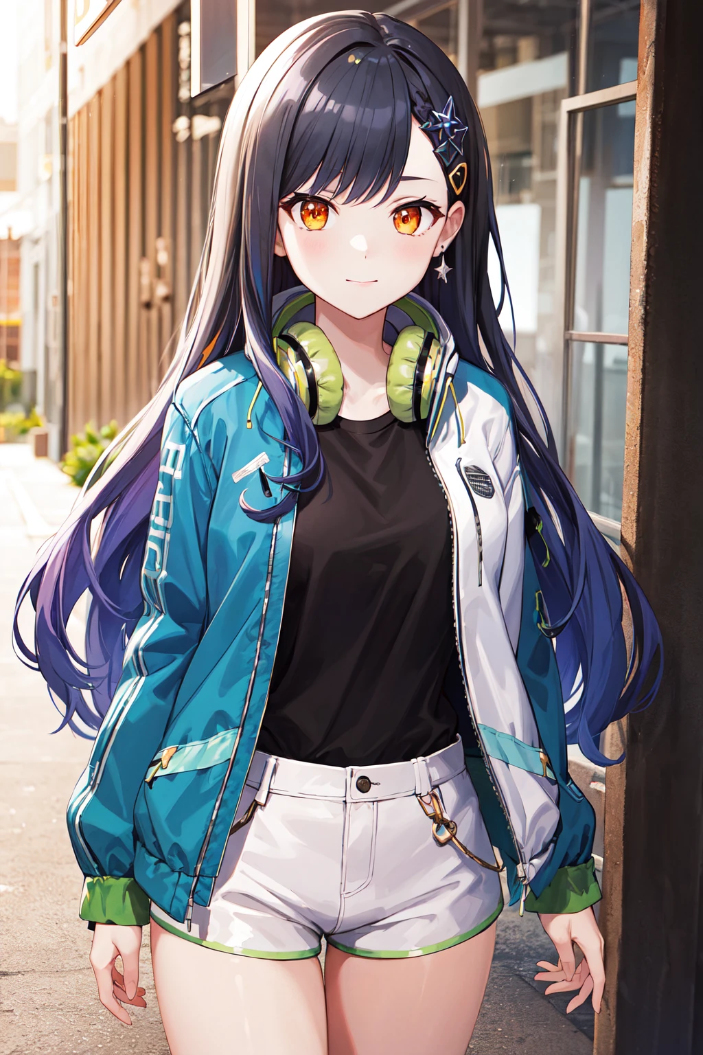 masterpiece, best quality, highres, aaan, long hair, multicolored hair, gradient hair, hair ornament, orange eyes, headphones around neck, black shirt, jacket, open jacket, long sleeves, short shorts, white shorts, <lora:shiraishi_an_v1:0.7>, standing, cowboy shot, outdoors, arms at sides,
