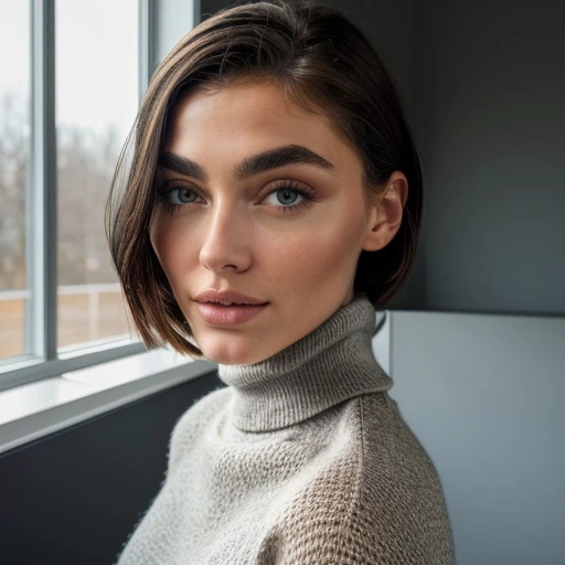 <lora:emjayrinaudo_sd15_512_128_64_v1:1> 1girl solo looking at viewer  wearing a turtleneck sweater  epiCRealism