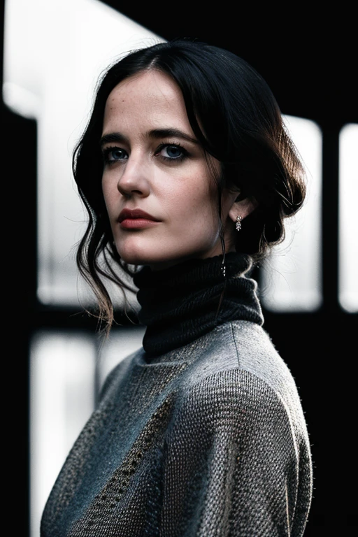 portrait of wo_evagreen01, vogue, turtleneck black dress, intricate, elegant, highly detailed, digital painting, concept art, smooth, sharp focus, 8k, film grain, vignetting, chromatic aberrations, dramatic lighting,<lora:woEvaGreen01Merged:0.850000>
