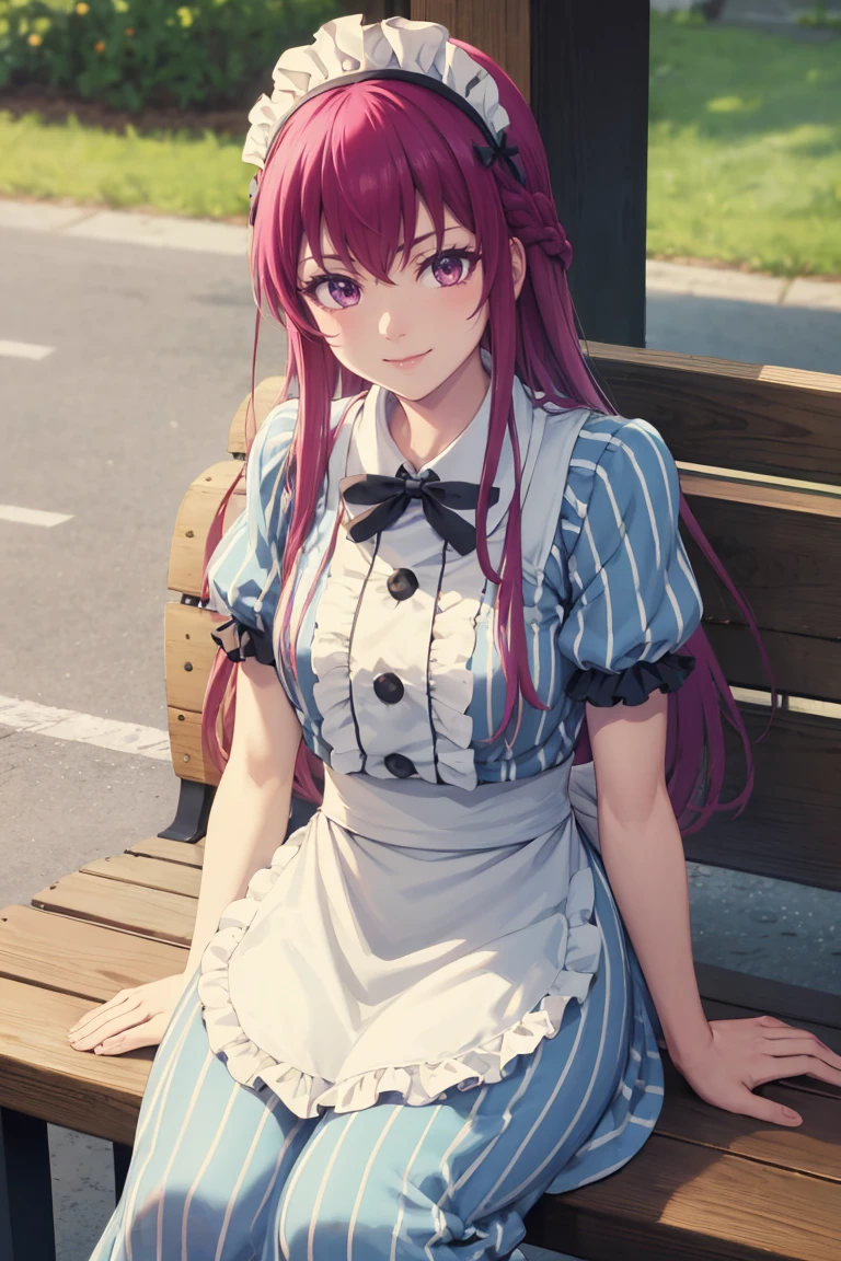 masterpiece, best quality, absurdres, MakuzawaOuka, long hair, maid, maid headdress, striped dress, white apron, black ribbon, sitting, bench, outdoors, smile, <lora:MakuzawaOuka:1>