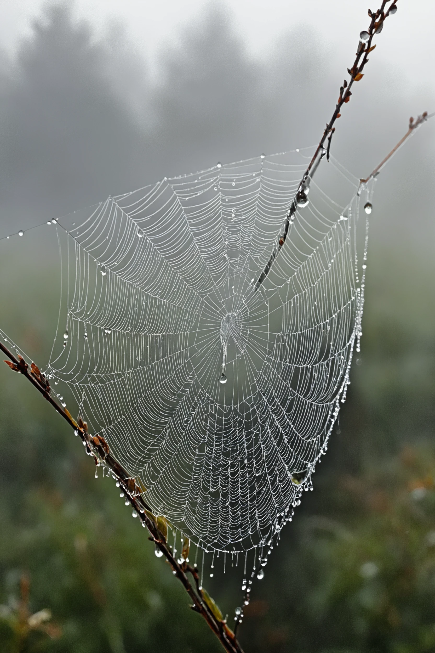 An intricate cobweb, capturing raindrops in utmost photographic detail amid dense fog.