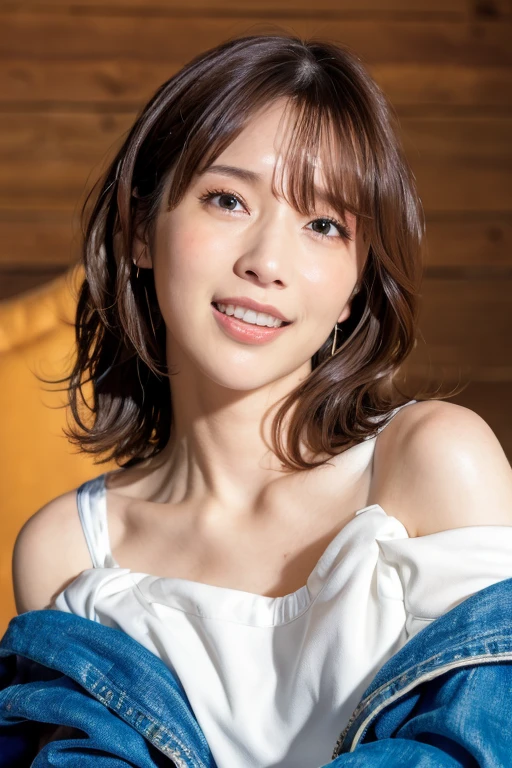 1girl, (cropped top, jacket:1.4),(sleeveless, off shoulder:1.4),(RAW photo, best quality), (realistic, photo-realistic:1.8), masterpiece, an extremely delicate and beautiful, extremely detailed, 2k wallpaper, Amazing, finely detail, extremely detailed CG unity 8k wallpaper, ultra-detailed, highres, soft light, beautiful detailed girl, extremely detailed eyes and face, beautiful detailed nose, beautiful detailed eyes,cinematic lighting,(in the city:2.0),perfect anatomy,(slender body:1.6),(close up face:1.8),(laugh,friendly, warm:2.0),(looking at viewer:2.0),(young japanese idol:1.8),(wavy short hair:1.8), (brown eyes:1.8),(dynamic pose:2.0), (cleavage:1.2), <lora:uchidamaaya_lora-14:0.8>