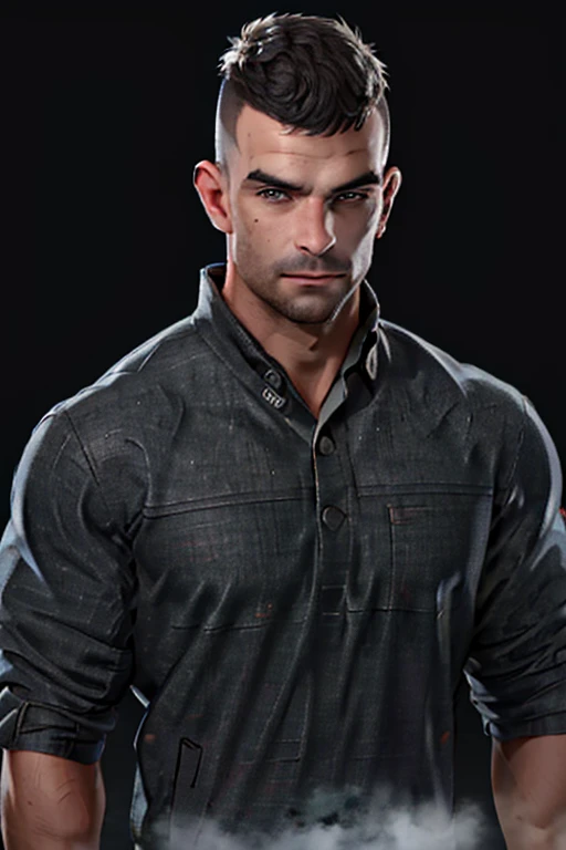 David King,  black hair,  stubble,  handsome,  charming,  alluring,  rugged,  white collared shirt,  black jacket,  (short hair crewcut),  (standing),  (upper body in frame),  simple background,  black background,  fog,  dark atmosphere,  perfect light,  perfect anatomy,  perfect proportions,  perfect perspective,  8k,  HQ,  (best quality:1.5,  hyperrealistic:1.5,  photorealistic:1.4,  madly detailed CG unity 8k wallpaper:1.5,  masterpiece:1.3,  madly detailed photo:1.2),  (hyper-realistic lifelike texture:1.4,  realistic eyes:1.2),  picture-perfect face,  perfect eye pupil,  detailed eyes,  realistic,  HD,  UHD,  (front view:1.2),  portrait,  looking outside frame,<lora:EMS-262056-EMS:0.800000>