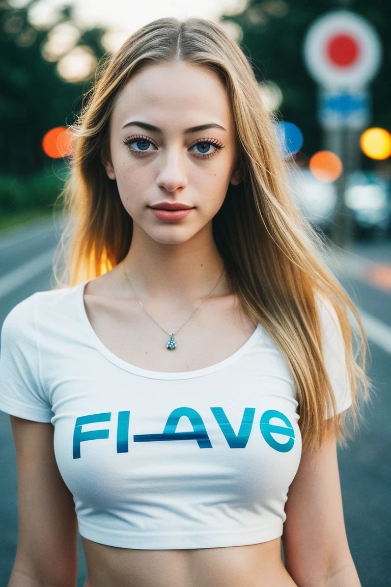 photo of (sophd1am0nd-135:0.99), a beautiful woman, perfect blonde hair, (hands on hips), (posing seductively), (modern photo, Road Sign Blue graphic tee), 24mm, (analog, cinematic, film grain:1.3), ((plain Pastel Yellow background:1.2)), detailed eyes, jewelry, (epicPhoto), (looking at viewer), (cinematic shot:1.3), PA7_Portrait-MCU