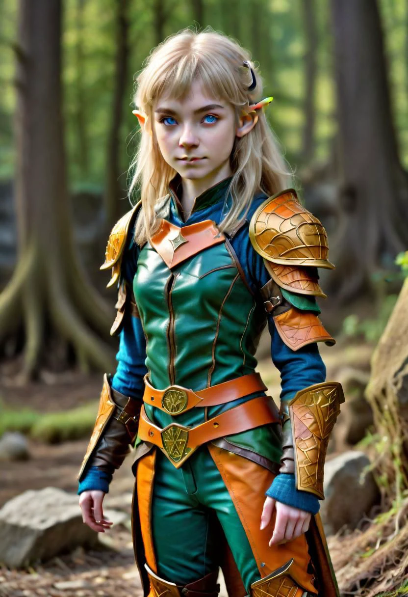 photo of pale (Age 19) female (halfling:1.75), flat chested, rectangle body shape, shaggy blonde, middle part, blue eyes, (F41Arm0rXL orange/green druidic leather armor and pants), homely, tiny, petite, thin, toned, lithe, full body, outdoors, HDR