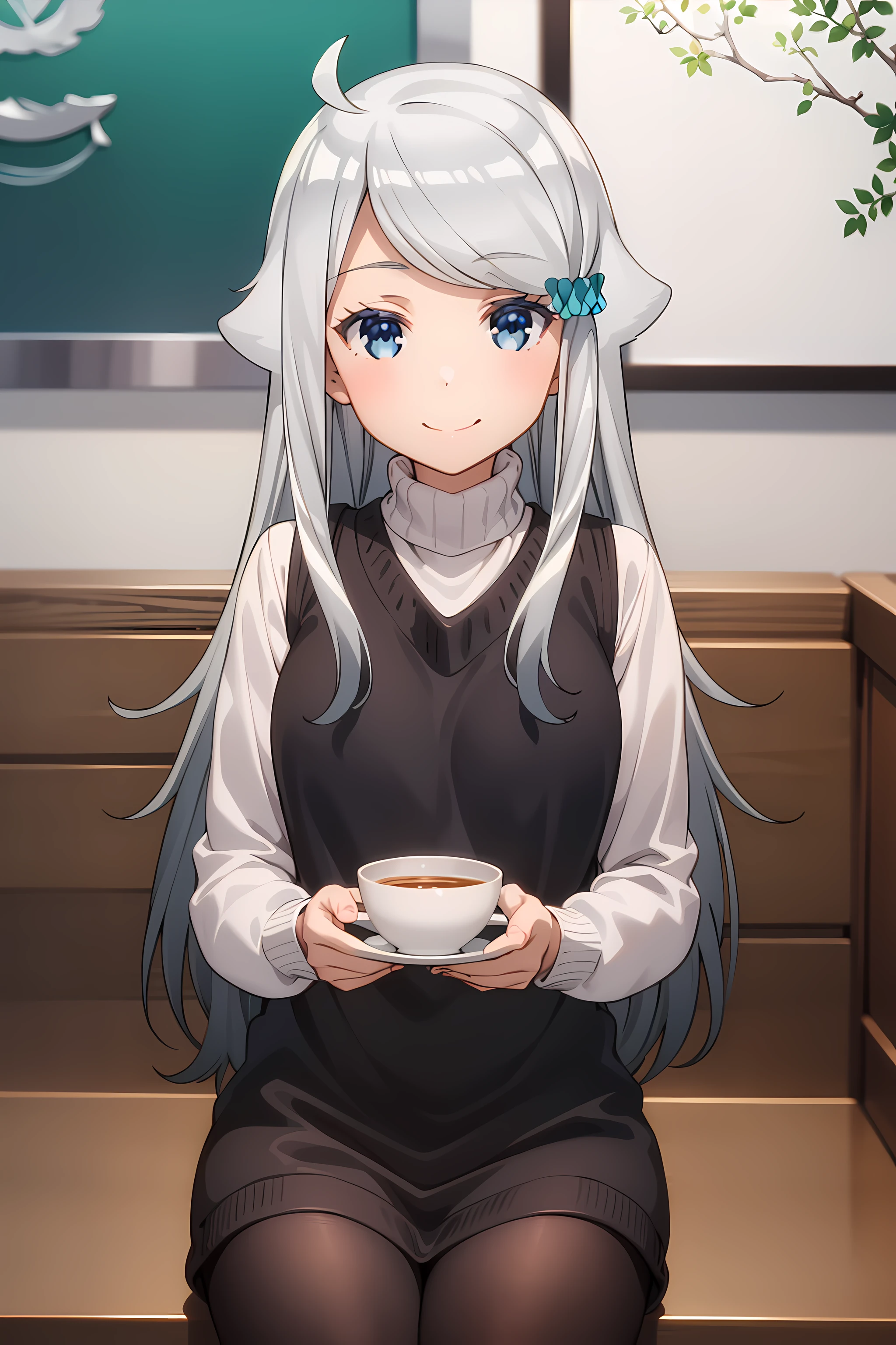 best quality, masterpiece, detailed,
<lora:ImoutoSaeIrebaIi_KaniNayuta:0.8>, KaniNayuta,
1girl, solo, closed mouth, smile,
grey hair, blue eyes, long hair, hair scrunchie, (blue scunchie:1.2), hair flaps, ahoge,
NayuCasual, black vest, turtleneck, sweater, layered clothes,
sitting, looking at viewer,
indoors, cafe