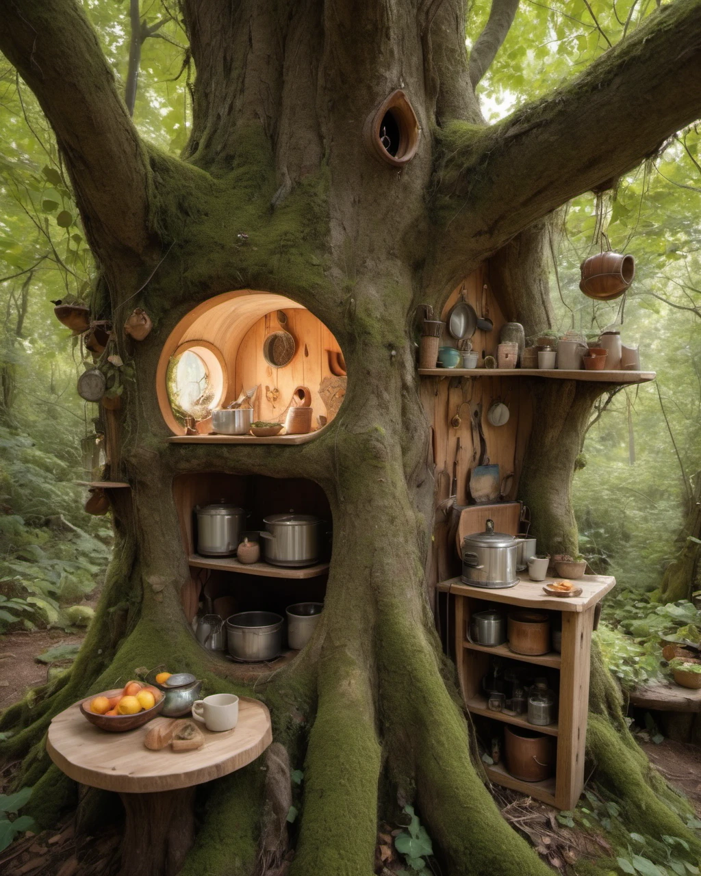 (inside a tree:1.2), within a magical fairy forest, there is a little comfy kitchen inside it