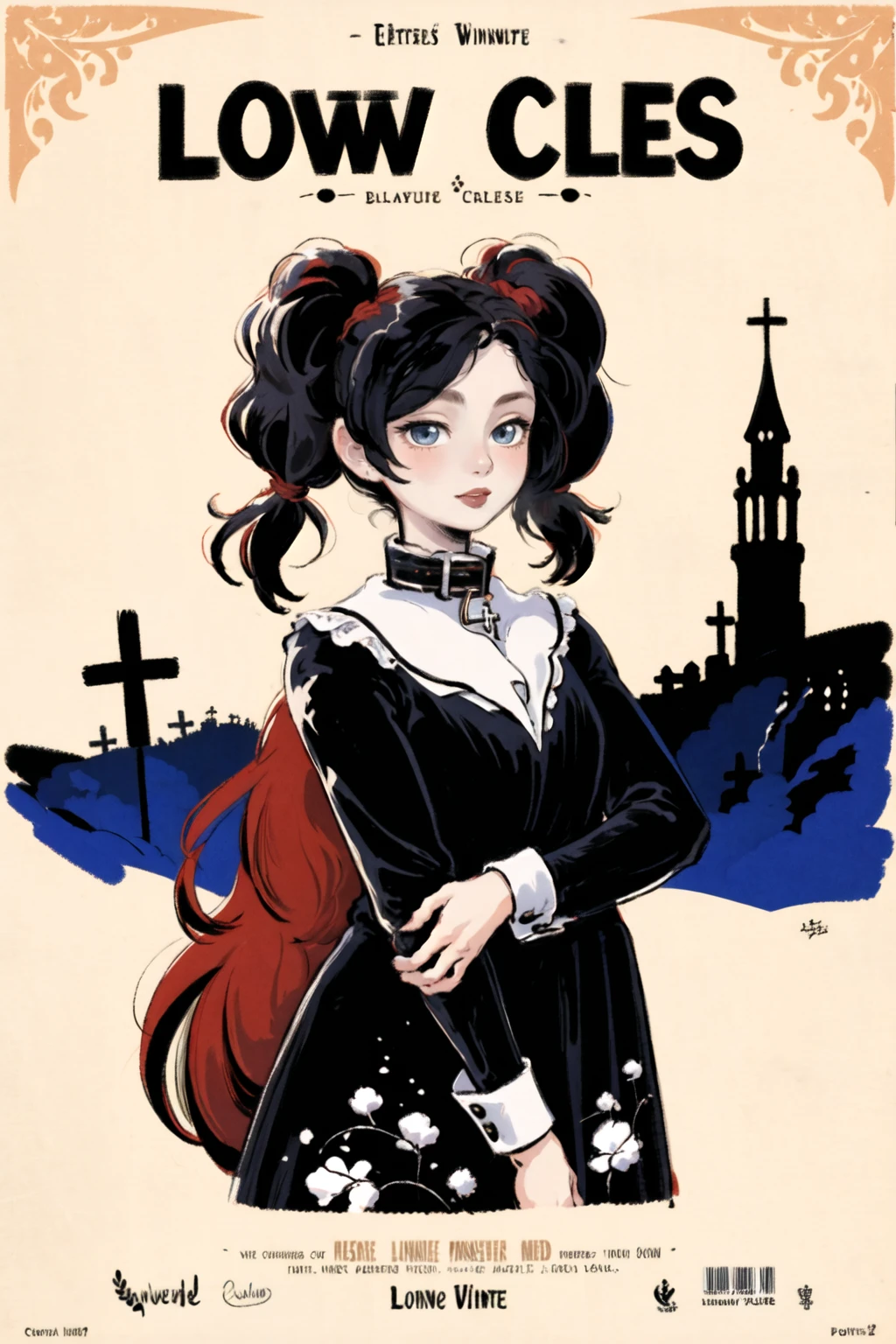 best quality,masterpiece,hires,vampire castle
1girl,kid,solo,(Low twintails:1.3),black hair,(hair between eyes:1.2),blue eyes,
(black dress),long sleeve,(white cuff:1.2),(white collar:1.2),(red Lorraine Cross:1.2) Hair knot,long sleeve dress
movie poster
<lora:æé¨ä¼å:1> <lora:RetroMoviePoster-000006:0.3>