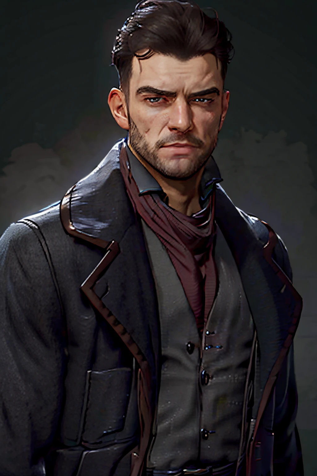 Geoffrey McCullum,  black hair,  crewcut,  stubble,  handsome,  charming,  alluring,  rugged,  black trench coat,  black pants,  grey vest,  dark red cravat,  (standing),  (upper body in frame),  simple background,  black background,  fog,  dark atmosphere,  perfect light,  perfect anatomy,  perfect proportions,  perfect perspective,  8k,  HQ,  (best quality:1.5,  hyperrealistic:1.5,  photorealistic:1.4,  madly detailed CG unity 8k wallpaper:1.5,  masterpiece:1.3,  madly detailed photo:1.2),  (hyper-realistic lifelike texture:1.4,  realistic eyes:1.2),  picture-perfect face,  perfect eye pupil,  detailed eyes,  realistic,  HD,  UHD,  (front view:1.2),  portrait,  looking outside frame, perfecteyes,<lora:EMS-498-EMS:0.000000>,<lora:EMS-262908-EMS:0.800000>