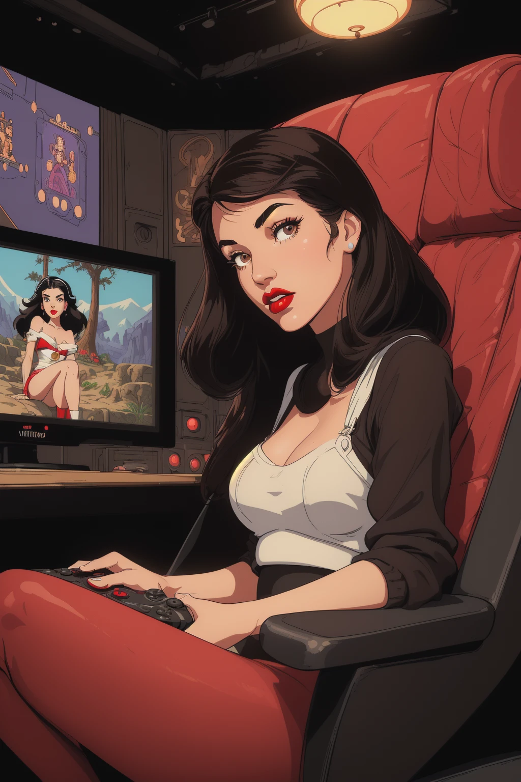 ((ultra detailed, masterpiece, best quality))
<lora:DisneySnowWhite:0.9>
DisneySnowWhite, 1girl, solo, black hair, brown eyes, red lips, Retro video game lounge with comfortable seating and a large screen for gaming