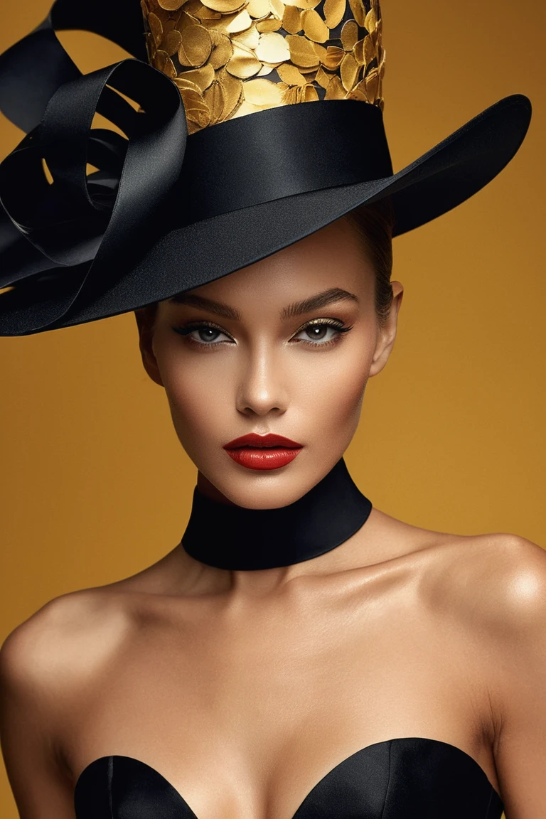 close-up shot, masterpiece+++, (Fashion model immersed in Alberto Seveso's signature inky dynamics)+++, vibrant blacks swathing her elegant form, ensemble accented by cut-paper texture, Konstantin Razumov's imaginary brushwork gracing her silhouette, golden hat striking a bold contrast, surreal elements intermingling, digital render, whimsical undertones, high fashion details, chic SONY ALPHA A7R II, Realistic, Photo, Studio Lighting, Beautiful Lighting, by Beeple, by Greg Rutkowski
 <lora:ReaLora:1>
 <lora:skin_slider_v1:1>