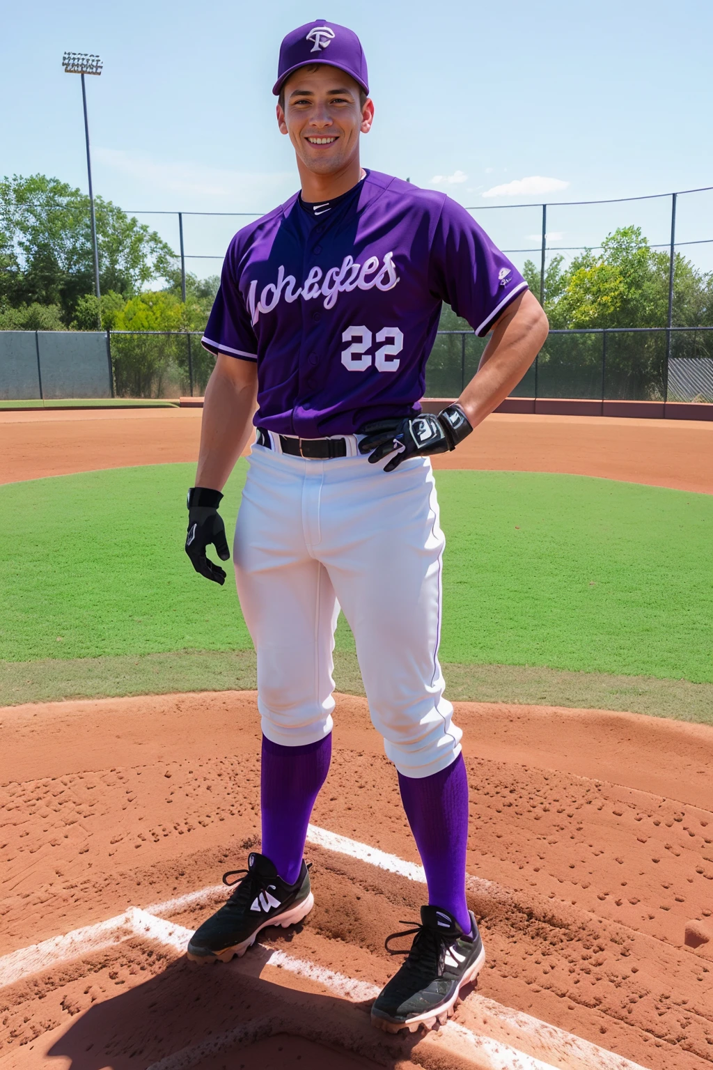 outdoors, ((baseball field)), standing at 2nd base, CFRocky, baseballplayer, baseball uniform, (purple jersey:1.2), (white pants), purple socks, black sneakers, (purple baseball cap), glove, fielding position, smiling, (((full body portrait))), wide angle <lora:Clothing - Sexy Baseball Player:0.6> <lora:CFRocky:0.8>