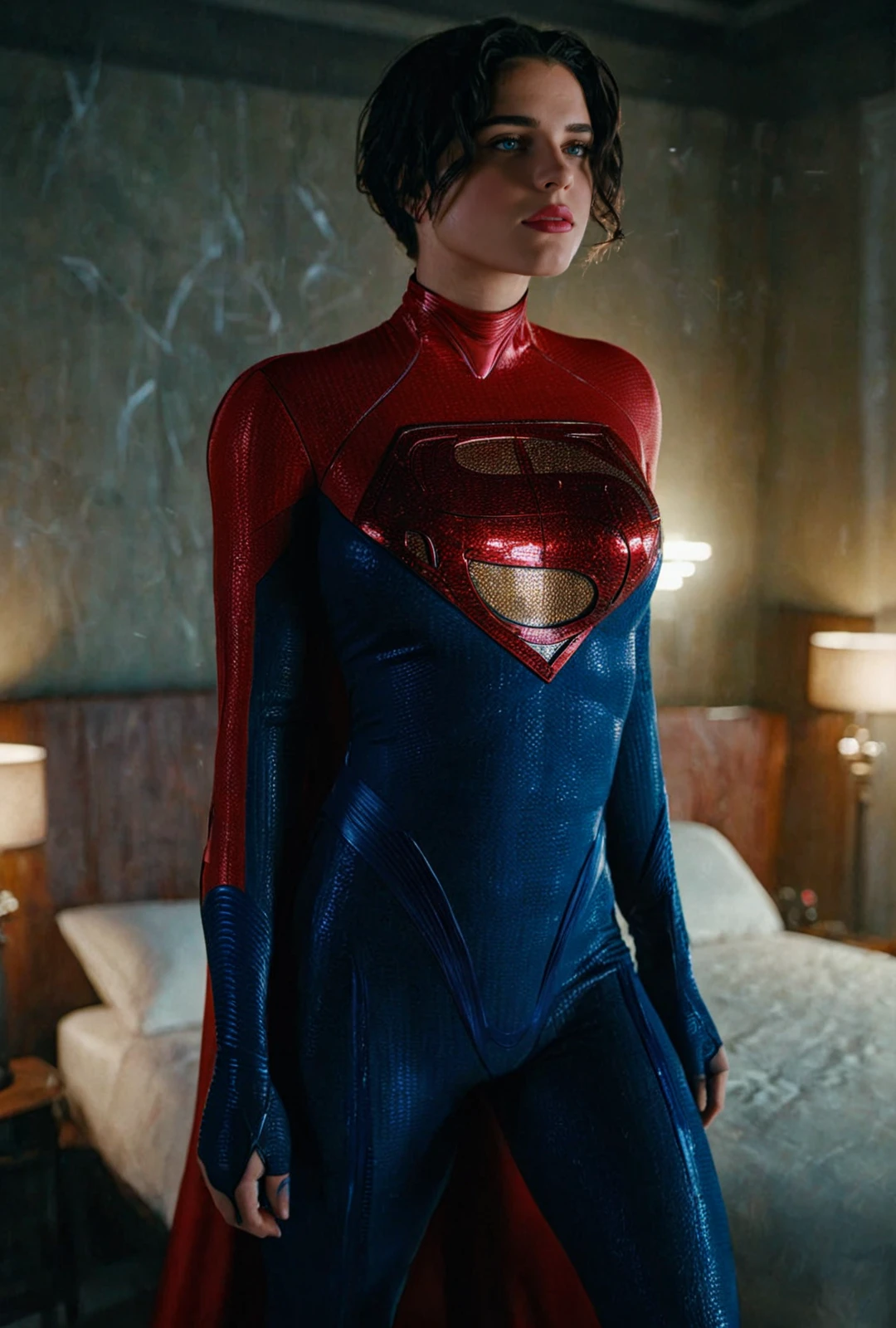 8k wallpaper of Solo DCEU Supergirl, <lora:Supergirl:1>, her suit is shining like latex, Laying over bed indoors bedroom showing her Booty
